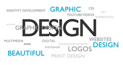 Generic graphic design image with descriptive words such as Beautiful, Print Design, Website Design, Multimedia, and Identity Development